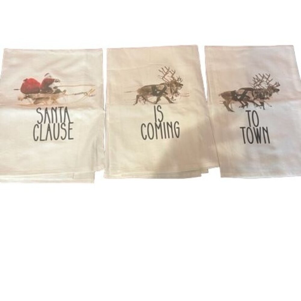 Set Of 3 Christmas kitchen Towels Santa is coming‎ to town & Reindeer Design